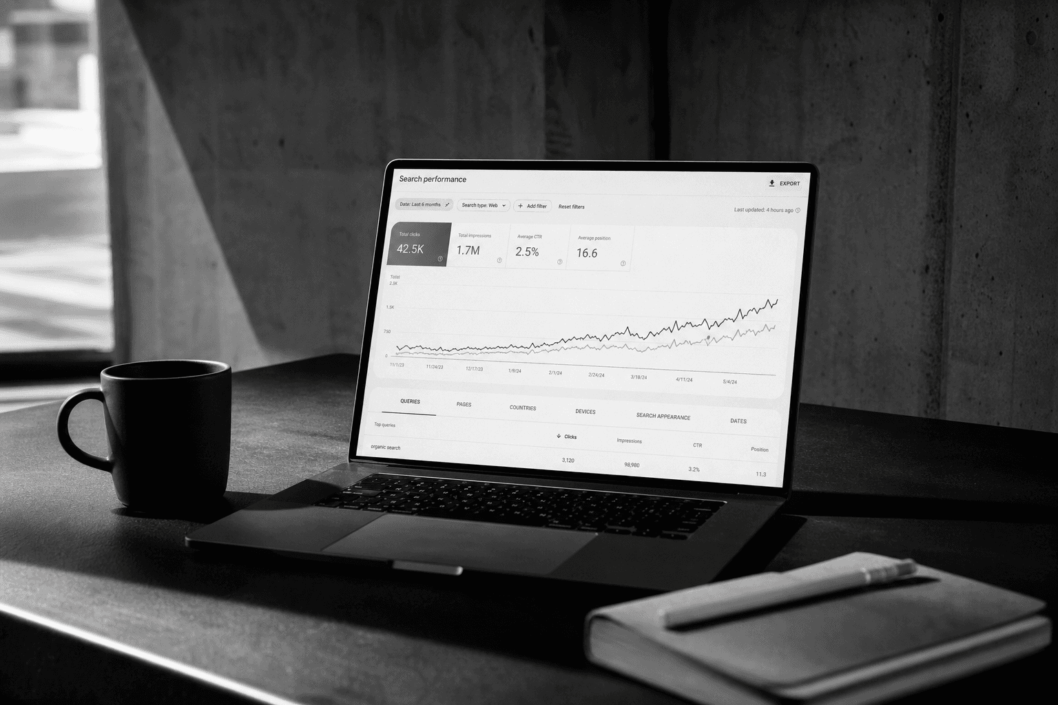 Laptop showing search analytics on a clean desk