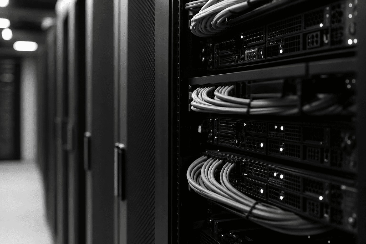 Server rack with cable management in a quiet data room